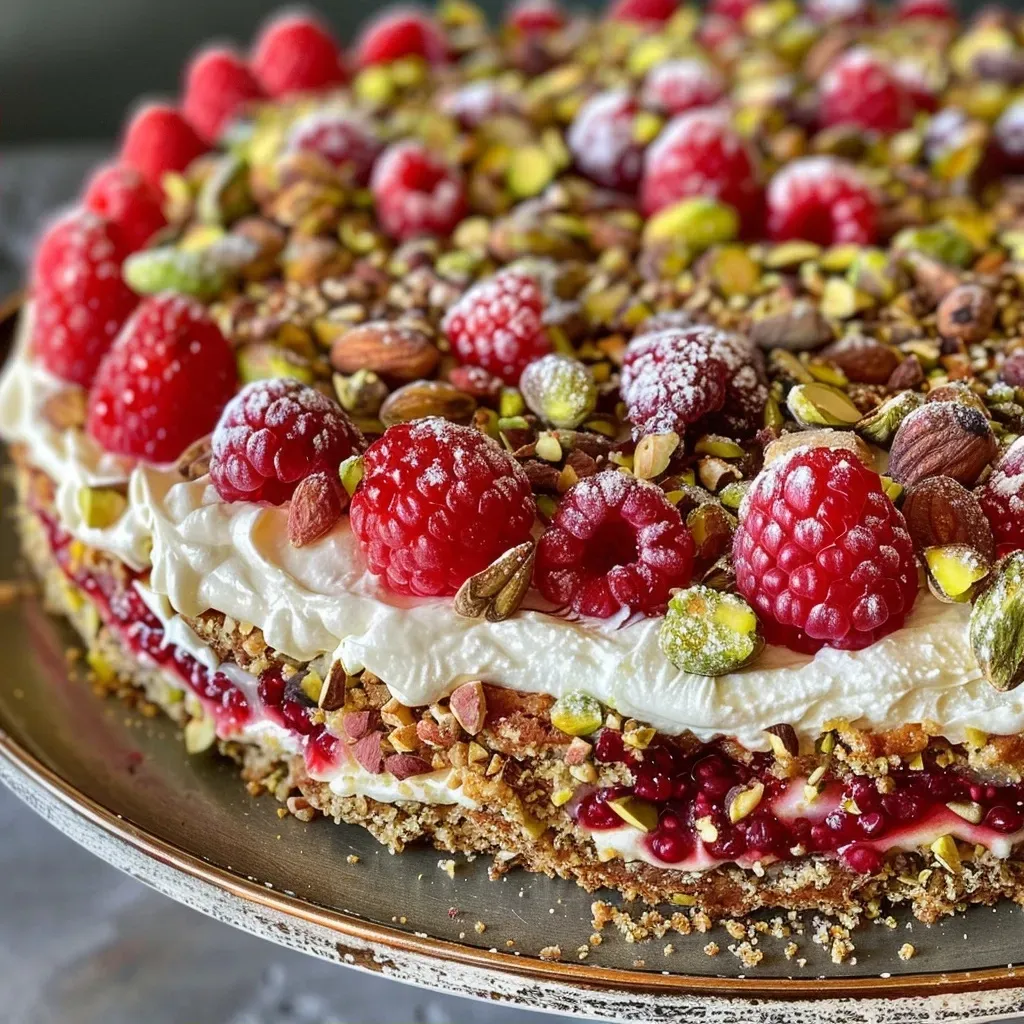 ['Bolo de pistache e framboesa visto de lado, com camadas visíveis.', 'Close-up de um bolo de pistache decorado com framboesas frescas.', 'Bolo de pistache com cobertura de cream cheese e pedaços de framboesa.', 'Visual lateral de um bolo de pistache e framboesa em fatias.']