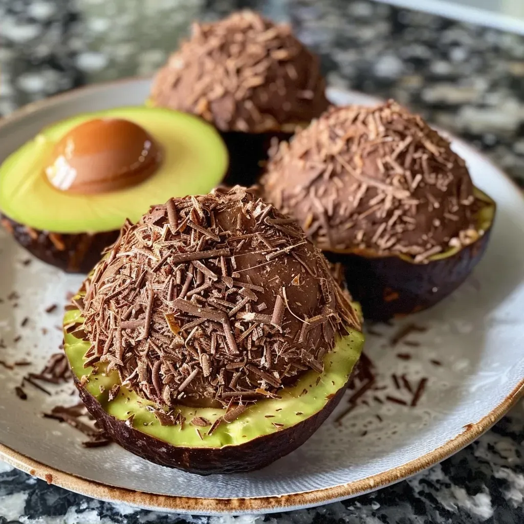 ['Brigadeiro de abacate em close, cremoso e decorado.', 'Brigadeiro de abacate com textura suave e brilhante.', 'Delicioso brigadeiro de abacate em uma pequena porção.', 'Brigadeiro de abacate em um prato, com aspecto apetitoso.']
