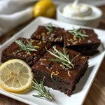 ['Brownies de alecrim e limão com textura suculenta.', 'Close-up de brownies veganos de alecrim e limão.', 'Brownies de alecrim e limão decorados com chocolate e limão.', 'Porção de brownies veganos com limão e alecrim.']