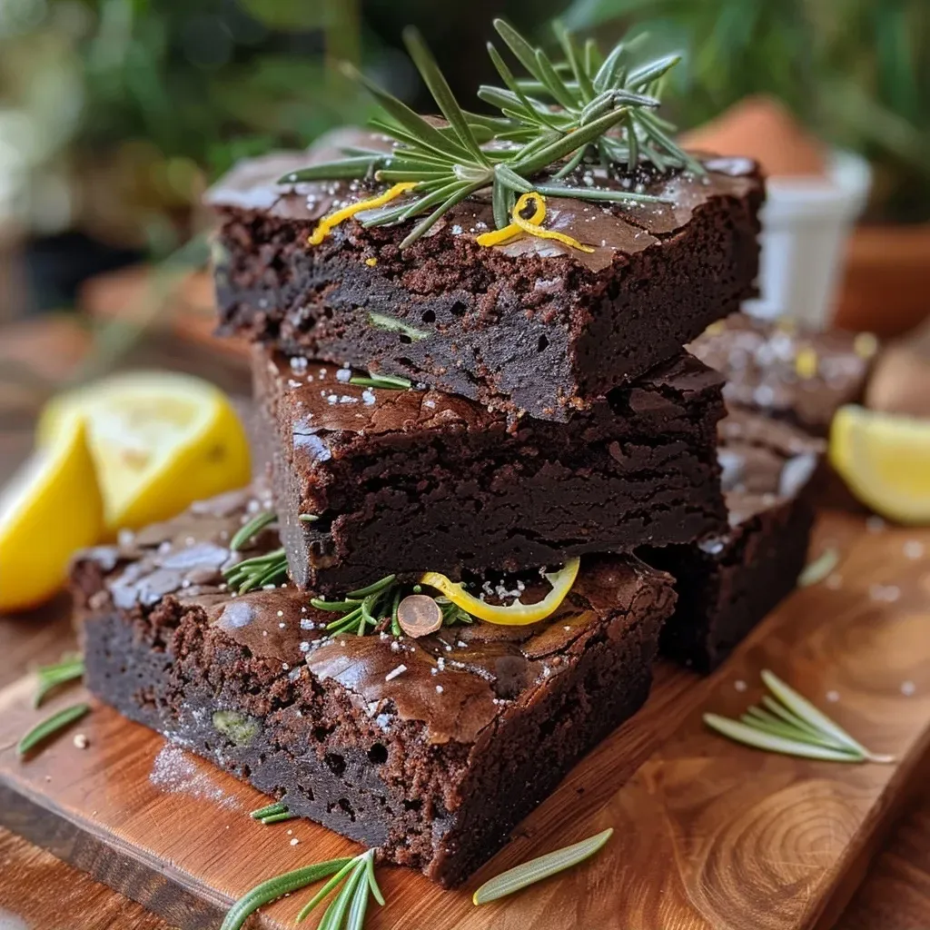 ['Brownies de alecrim e limão com textura suculenta.', 'Close-up de brownies veganos de alecrim e limão.', 'Brownies de alecrim e limão decorados com chocolate e limão.', 'Porção de brownies veganos com limão e alecrim.']