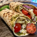['Wraps de frango com pesto, visual suculento e colorido.', 'Close-up de wraps de frango com molho pesto e ingredientes frescos.', 'Bruschetta de frango com pesto, apresentada em uma tortilla.', 'Recheio de frango, pesto e vegetais em um wrap.']