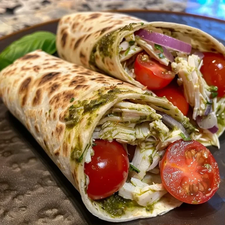 ['Wraps de frango com pesto, visual suculento e colorido.', 'Close-up de wraps de frango com molho pesto e ingredientes frescos.', 'Bruschetta de frango com pesto, apresentada em uma tortilla.', 'Recheio de frango, pesto e vegetais em um wrap.']