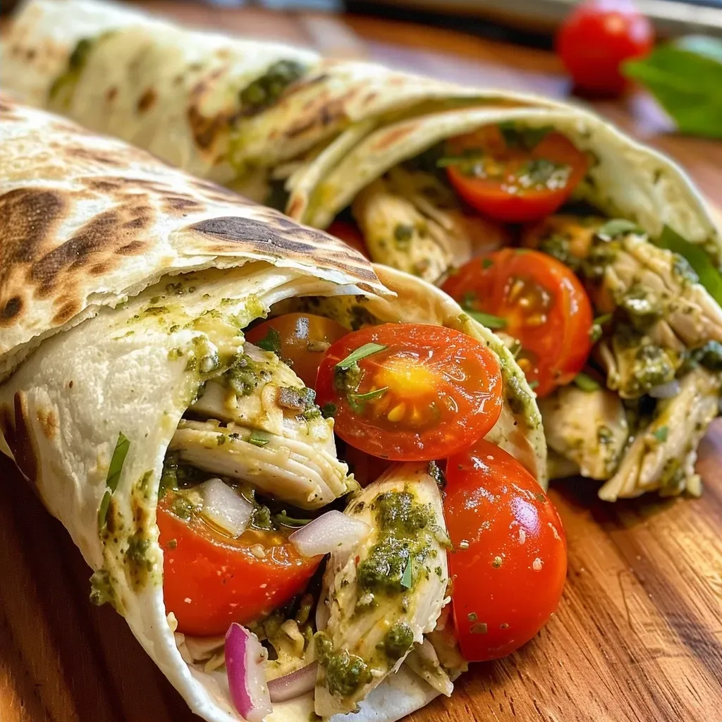 ['Wraps de frango com pesto, visual suculento e colorido.', 'Close-up de wraps de frango com molho pesto e ingredientes frescos.', 'Bruschetta de frango com pesto, apresentada em uma tortilla.', 'Recheio de frango, pesto e vegetais em um wrap.']