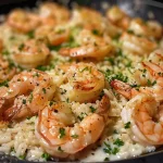 ['Camarões cremosos com arroz em um prato.', 'Close-up de prato de camarão cremoso com arroz.', 'Porção de camarão e arroz com molho cremoso.', 'Deliciosos camarões em molho de alho acompanhados de arroz.']
