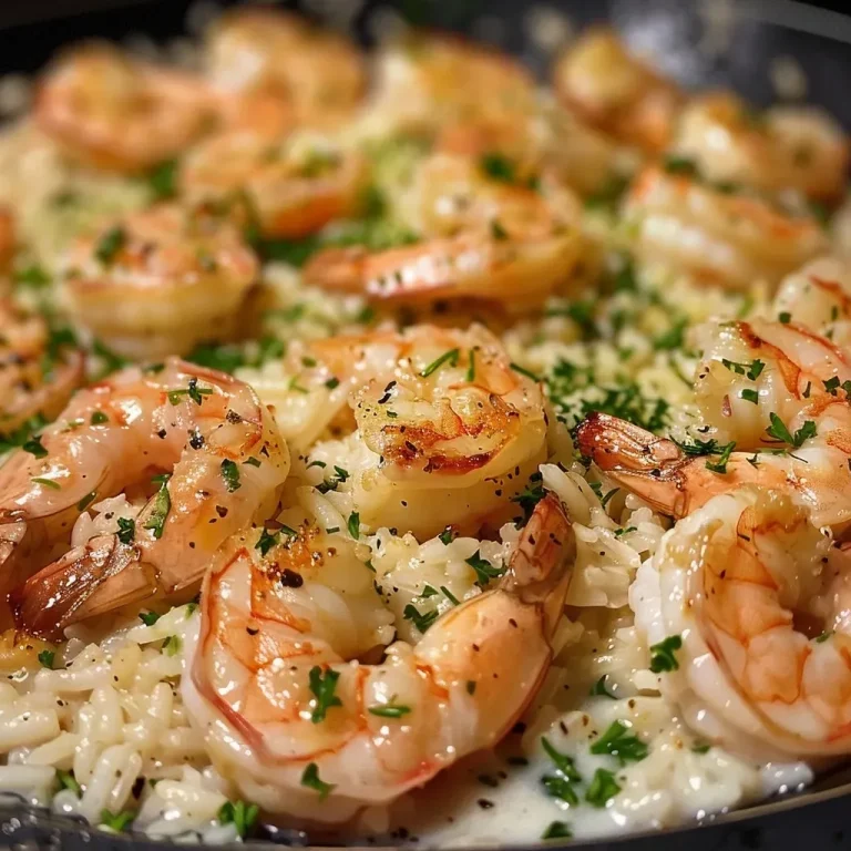 ['Camarões cremosos com arroz em um prato.', 'Close-up de prato de camarão cremoso com arroz.', 'Porção de camarão e arroz com molho cremoso.', 'Deliciosos camarões em molho de alho acompanhados de arroz.']