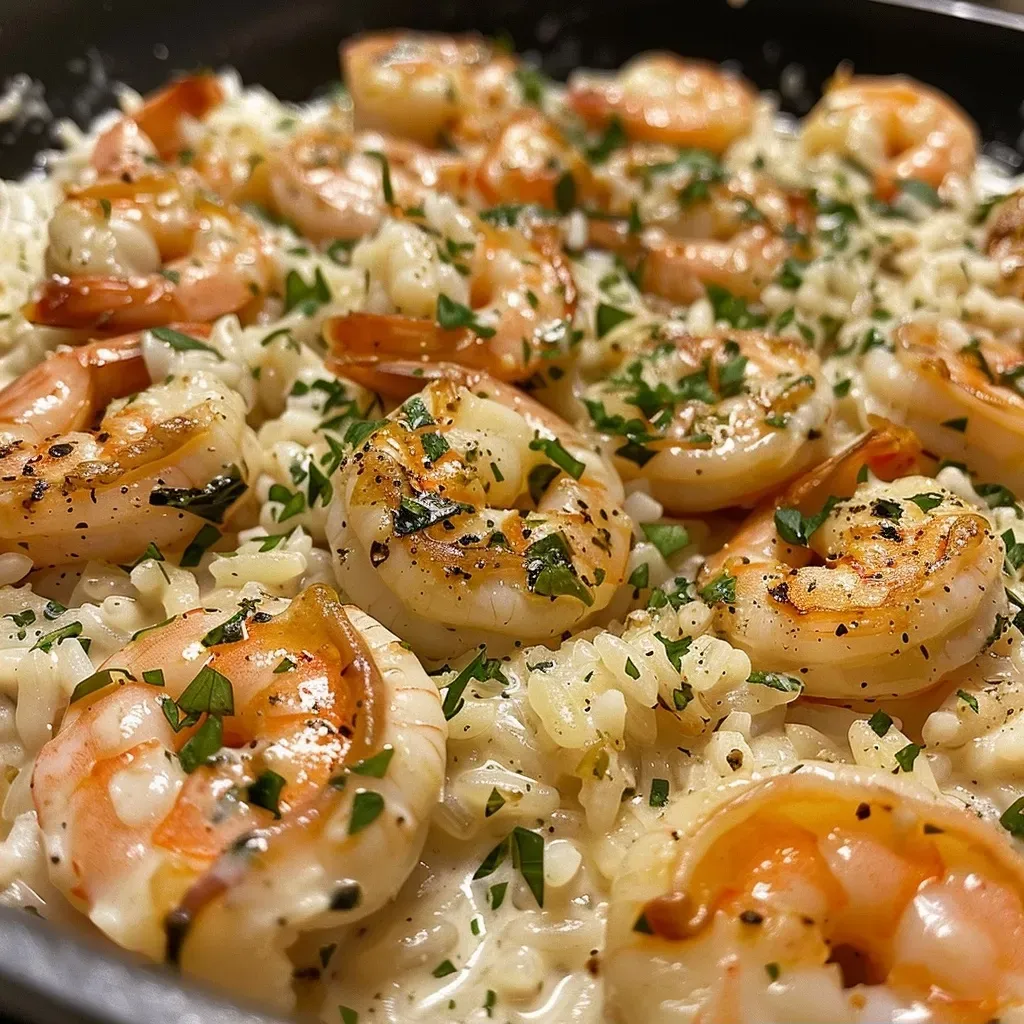 ['Camarões cremosos com arroz em um prato.', 'Close-up de prato de camarão cremoso com arroz.', 'Porção de camarão e arroz com molho cremoso.', 'Deliciosos camarões em molho de alho acompanhados de arroz.']
