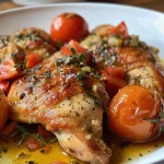 ['Coxas de frango suculentas com molho de tomate e manjericão.', 'Close de coxas de frango em molho vermelho com folhas verdes.', 'Prato de coxas de frango cobertas com molho de tomate e manjericão fresco.', 'Coxas de frango apresentadas com molho de tomate cremoso e ervas.']