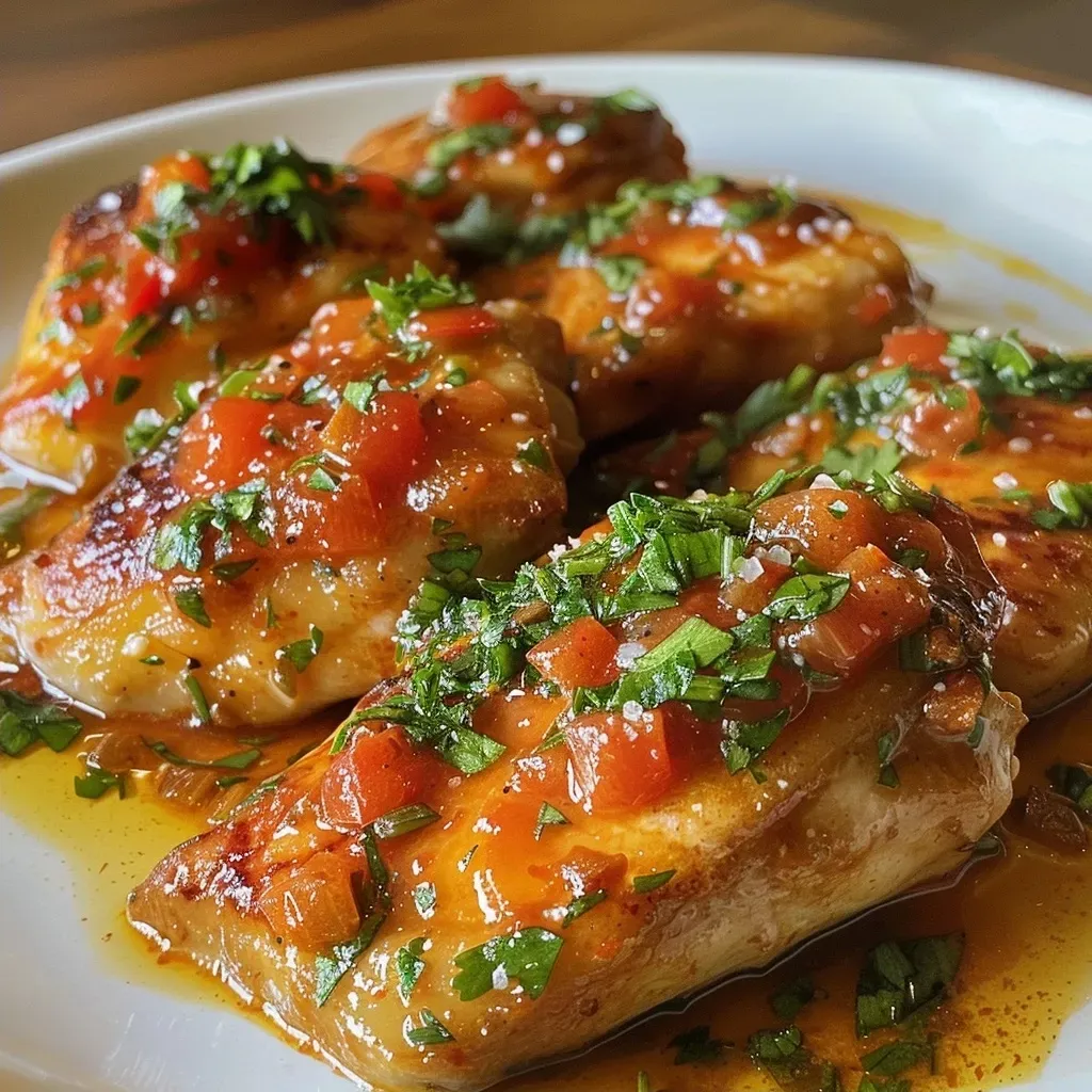 ['Coxas de frango suculentas com molho de tomate e manjericão.', 'Close de coxas de frango em molho vermelho com folhas verdes.', 'Prato de coxas de frango cobertas com molho de tomate e manjericão fresco.', 'Coxas de frango apresentadas com molho de tomate cremoso e ervas.']