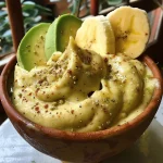 ['Creme de abacate em um vidro com pedaços de banana e canela.', 'Close-up de creme de abacate cremoso com leite e aveia.', 'Taça de creme de abacate decorada com canela e gelo.', 'Mistura verde vibrante de abacate e banana em um recipiente.']