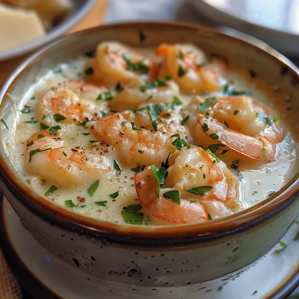 ['Creme de camarão cremoso com camarões suculentos.', 'Prato de creme de camarão com ingredientes frescos.', 'Close de creme de camarão em prato raso.', 'Creme de camarão servido em tigela, decorado com cheiro-verde.']