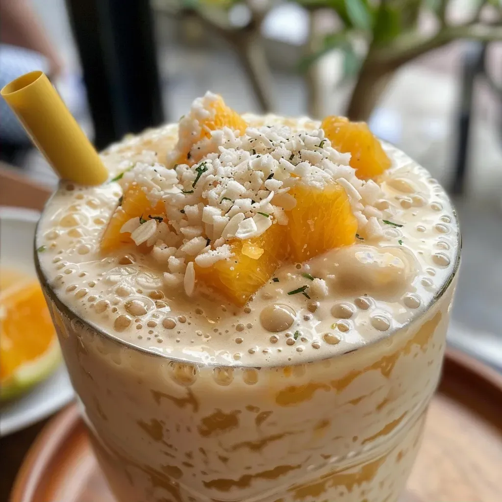 ['Creme de tapioca com pedaços de manga e maracujá em um recipiente.', 'Close up de um creme de tapioca decorado com frutas tropicais.', 'Creme de tapioca com maracujá e manga, servido em uma tigela.', 'Sobremesa de creme de tapioca acompanhada de polpa de maracujá e manga.']
