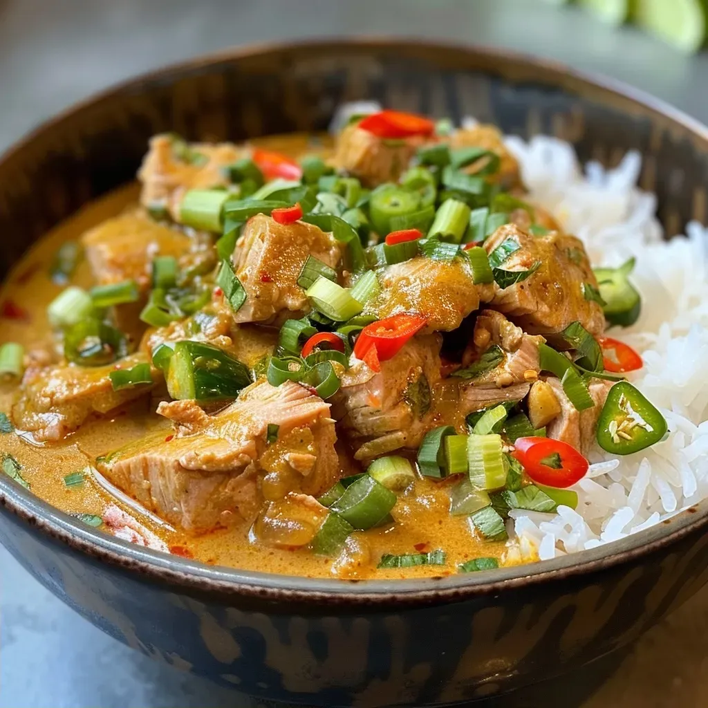 ['Prato de curry de atum com coco em close-up.', 'Curry de atum e coco servido em um prato fundo.', 'Detalhe de curry de atum com ingredientes frescos ao redor.', 'Curry cremoso de atum com coco, visto de lado.']