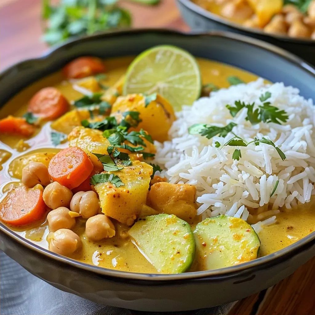 ['Curry de coco com grão de bico em uma tigela, com arroz ao lado.', 'Curry de vegetais e grão de bico, com arroz na embalagem, vista lateral.', 'Close-up de um prato de curry cremoso com grão de bico e vegetais.', 'Curry de coco colorido em uma tigela, acompanhado de arroz de micro-ondas.']