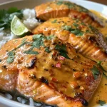 ['Curry de Salmão com Leite de Coco em close.', 'Prato de Curry de Salmão com ingredientes frescos.', 'Salmão suculento em molho de leite de coco.', 'Curry de Salmão apresentado em um prato colorido.']