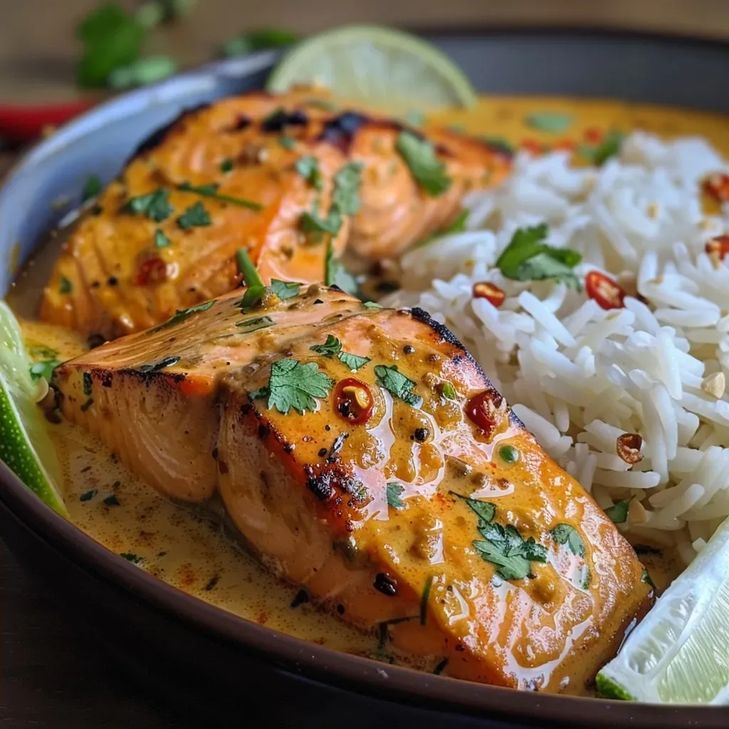 ['Curry de Salmão com Leite de Coco em close.', 'Prato de Curry de Salmão com ingredientes frescos.', 'Salmão suculento em molho de leite de coco.', 'Curry de Salmão apresentado em um prato colorido.']