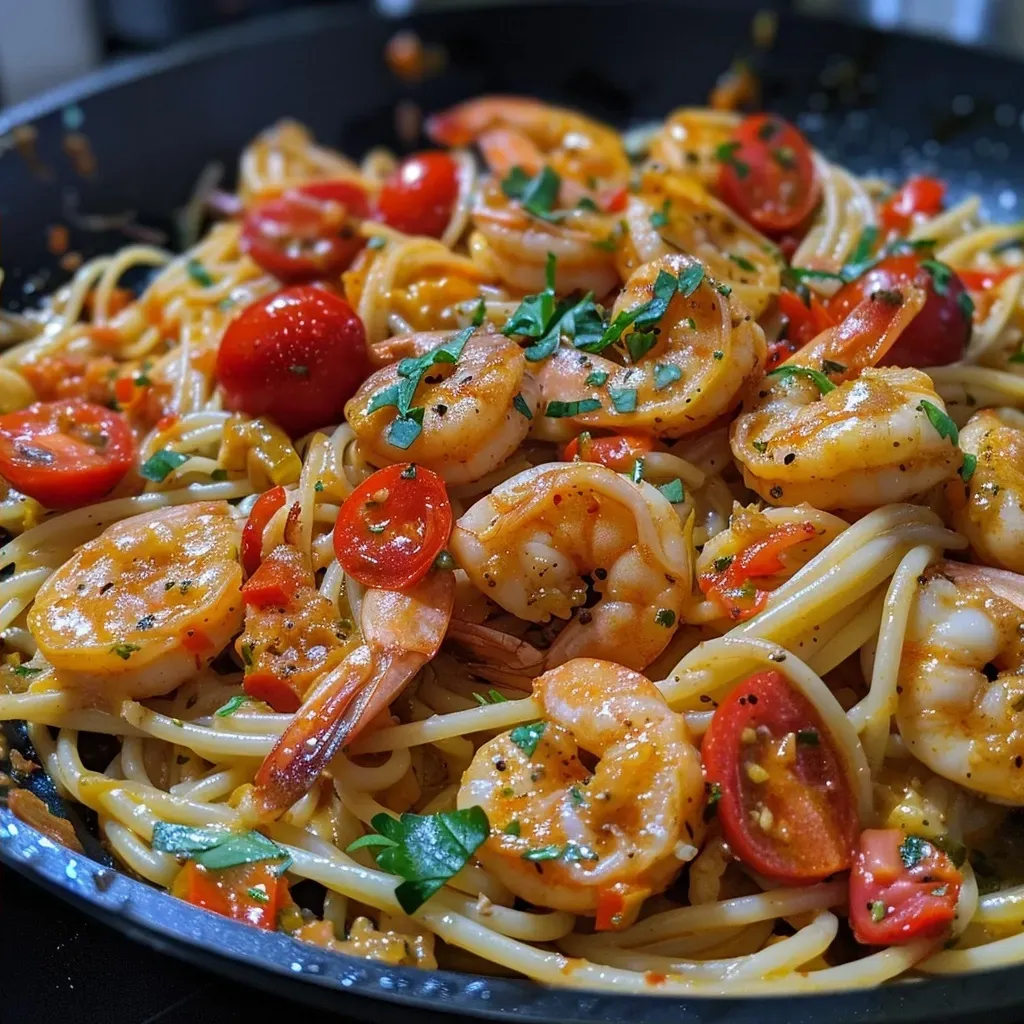 ['Espaguete com leite de coco e gambas, servido em um prato.', 'Prato de espaguete com gambas e molho de leite de coco.', 'Close-up de espaguete com gambas em molho cremoso.', 'Espaguete com leite de coco e camarões frescos.']