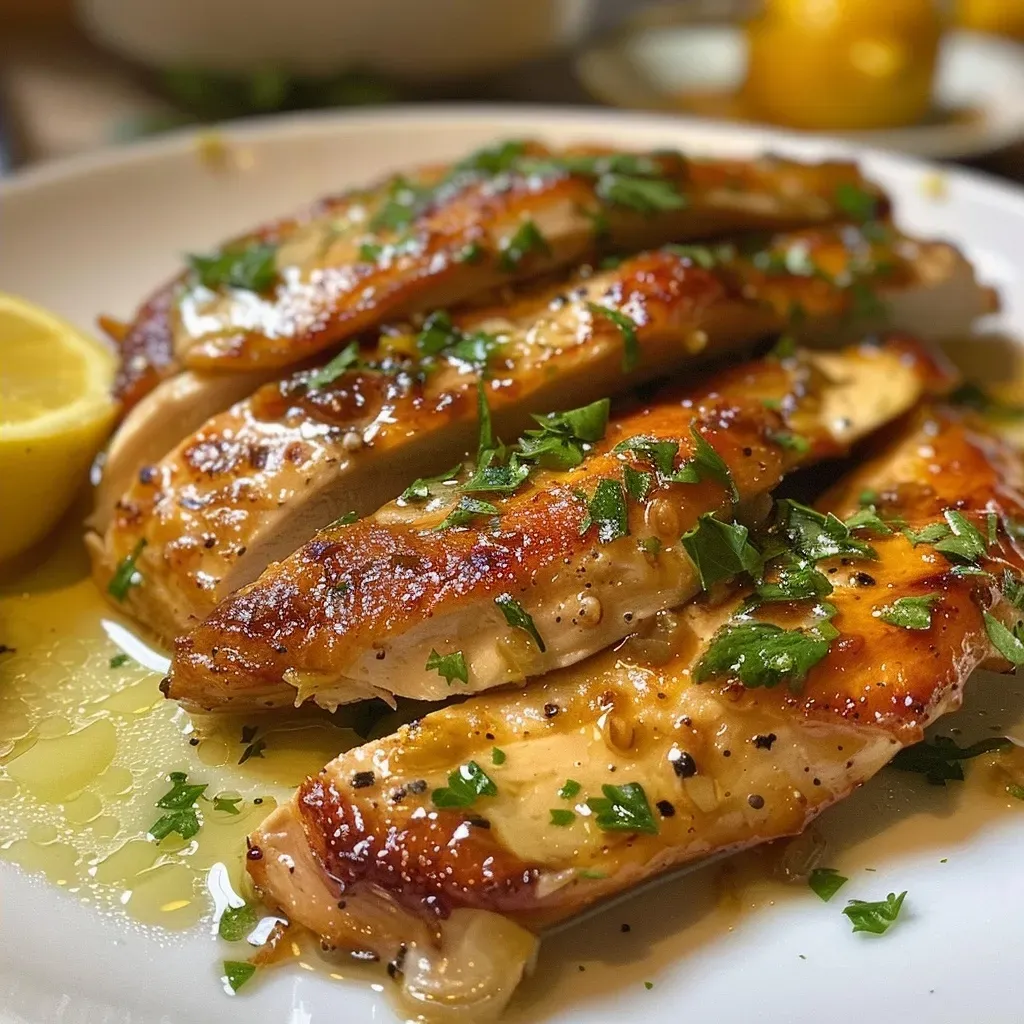 ['Peito de frango ao limão cremoso com molho rico e guarnição de limão.', 'Prato de frango ao limão cremoso servido com fatias de limão por cima.', 'Close de frango ao limão cremoso em molho, decorado com salsa.', 'Frango ao limão cremoso com um fundo de mesa rústica.']