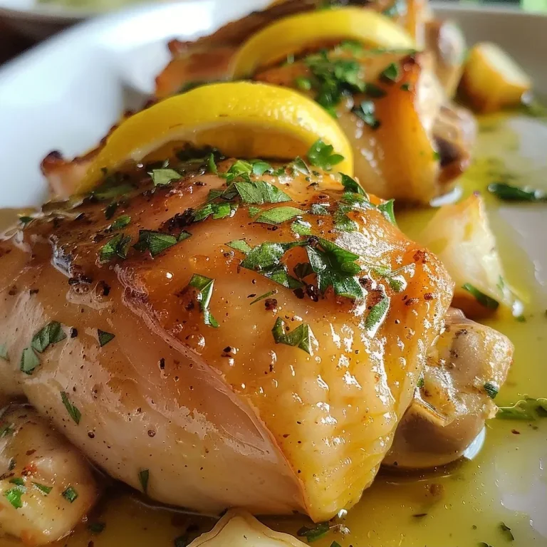 ['Peitos de frango grelhados com limão e alho.', 'Frango ao limão com alho em um prato.', 'Close de frango temperado com alho e limão.', 'Prato de frango ao limão e alho com guarnição de salsa.']