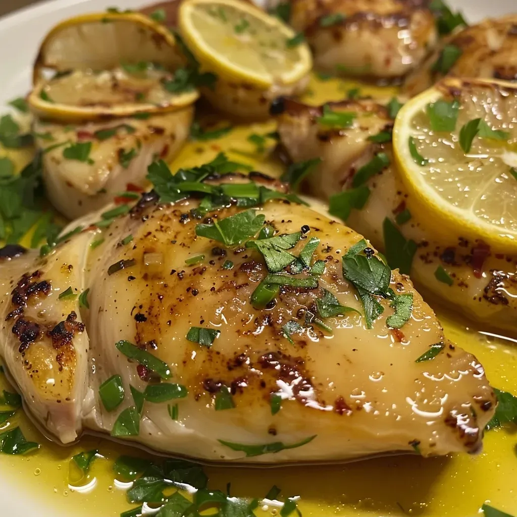 ['Peitos de frango grelhados com limão e alho.', 'Frango ao limão com alho em um prato.', 'Close de frango temperado com alho e limão.', 'Prato de frango ao limão e alho com guarnição de salsa.']