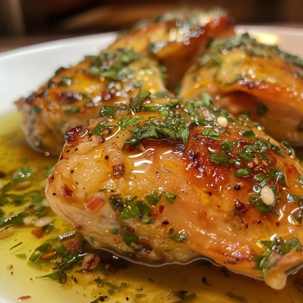 ['Prato de frango ao molho de ervas frescas com temperos visíveis.', 'Filés de frango suculentos cobertos por molho de ervas verdes.', 'Frango ao molho de ervas frescas disposto em um prato.', 'Close-up de filé de frango ao molho de ervas com ingredientes frescos.']