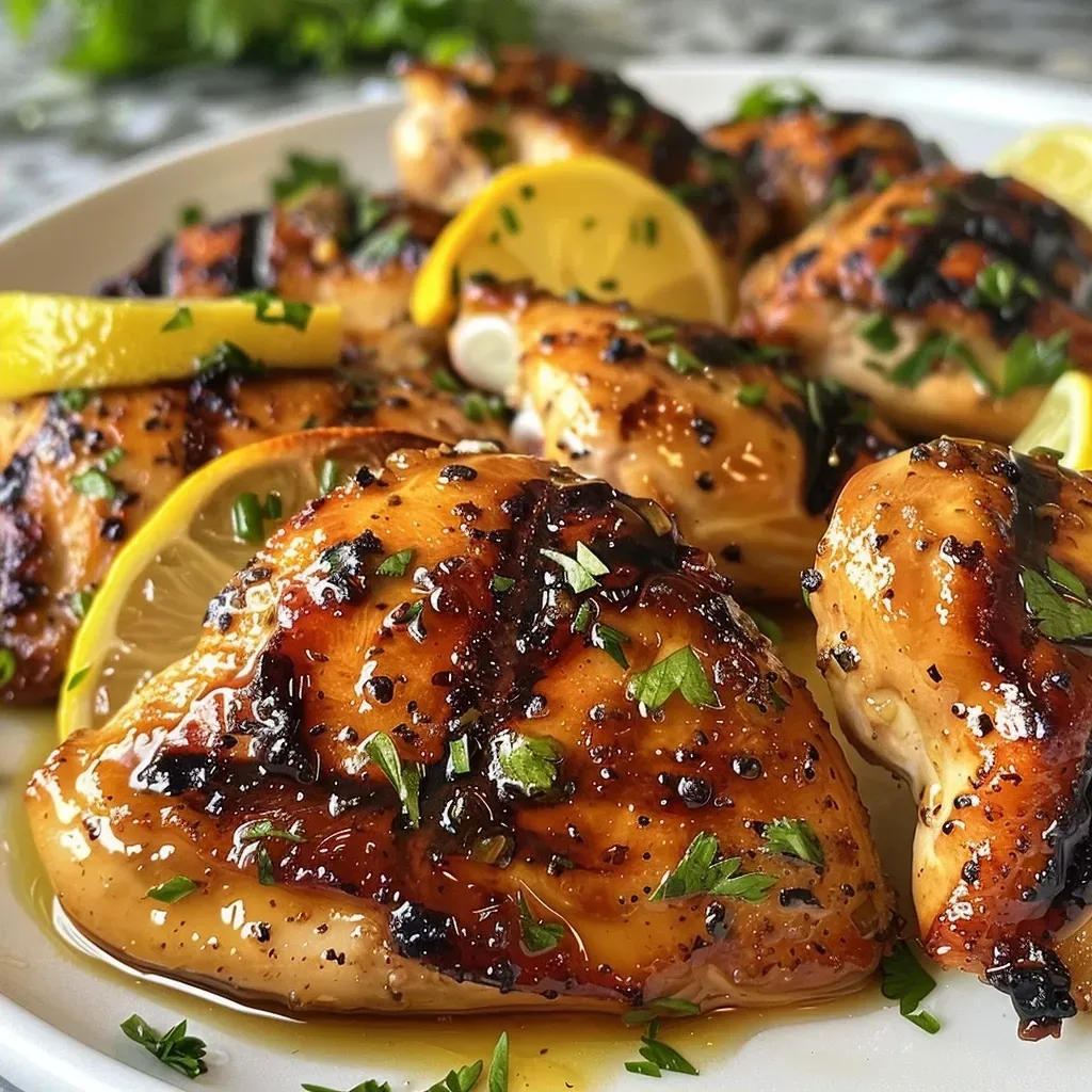 ['Peito de frango suculento com limão e pimenta em destaque.', 'Frango com molho de limão e pimenta, servido em prato.', 'Close-up de peito de frango temperado com limão e pimenta.', 'Frango marinado em molho com limão e pimenta, pronto para servir.']