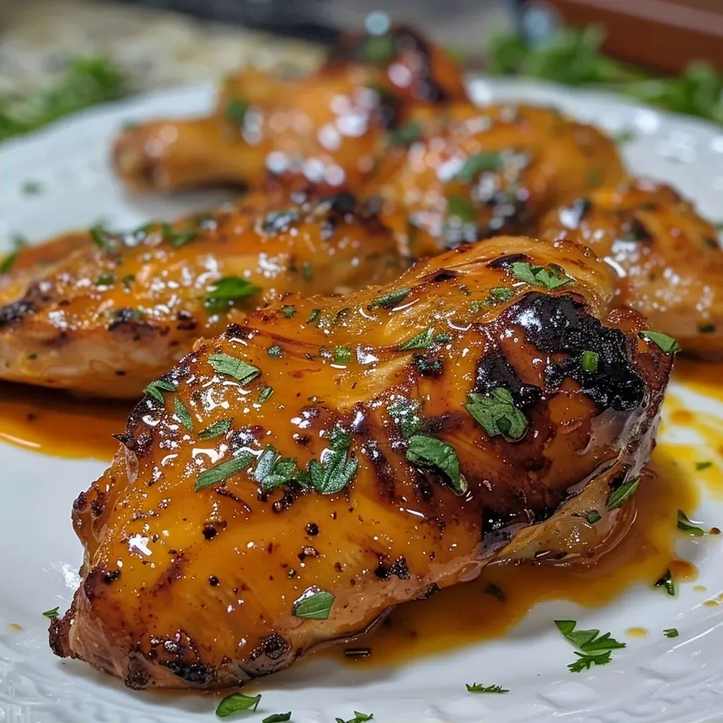 ['Frango com maracujá em um prato, com molho suculento e cenouras.', 'Close-up de frango grelhado com molho de maracujá e ingredientes frescos ao redor.', 'Peitos de frango cobertos com molho de maracujá, servidos com cenouras.', 'Prato colorido de frango com maracujá, destacando a textura do molho.']