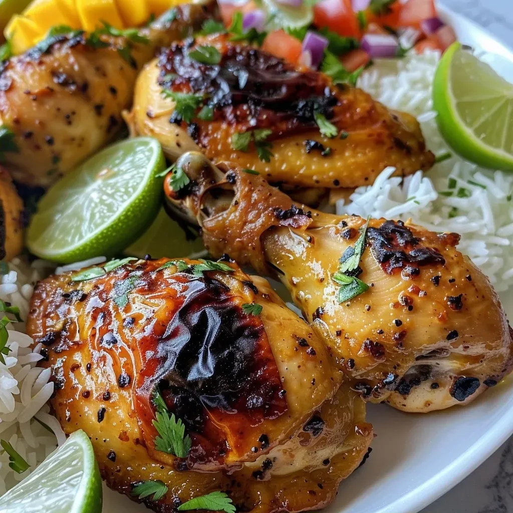 ['Peito de frango grelhado com molho de mel e limão, acompanhado de salsa de manga.', 'Frango marinado com mel e limão, servido com salsa fresca de manga.', 'Close de frango com mel e limão ao lado de salsa de manga colorida.', 'Prato de frango doce com limão e salsa de manga, decorado com coentro.']