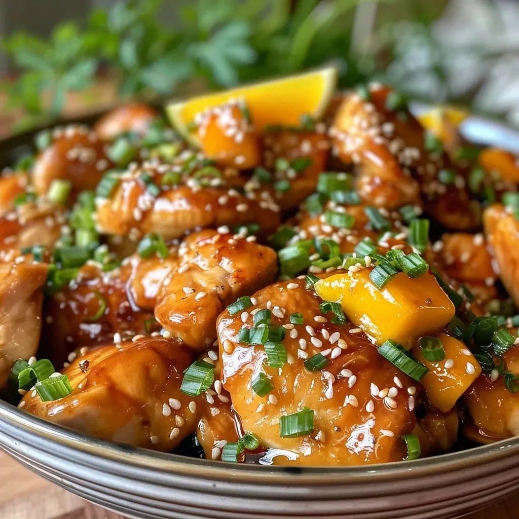 ['Peito de frango com molho de manga, servido em um prato.', 'Frango caramelizado com glaze de manga, decorado com cebolinhas.', 'Close de pedaços suculentos de frango com molho asiático de manga.', 'Frango com molho de manga e especiarias, exibido de lado.']