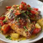 ['Prato de frango cozido com tomates e temperos.', 'Close de frango com molho de tomate e ervas.', 'Peito de frango suculento coberto com tomates.', 'Porção de frango com molho de tomate e especiarias.']