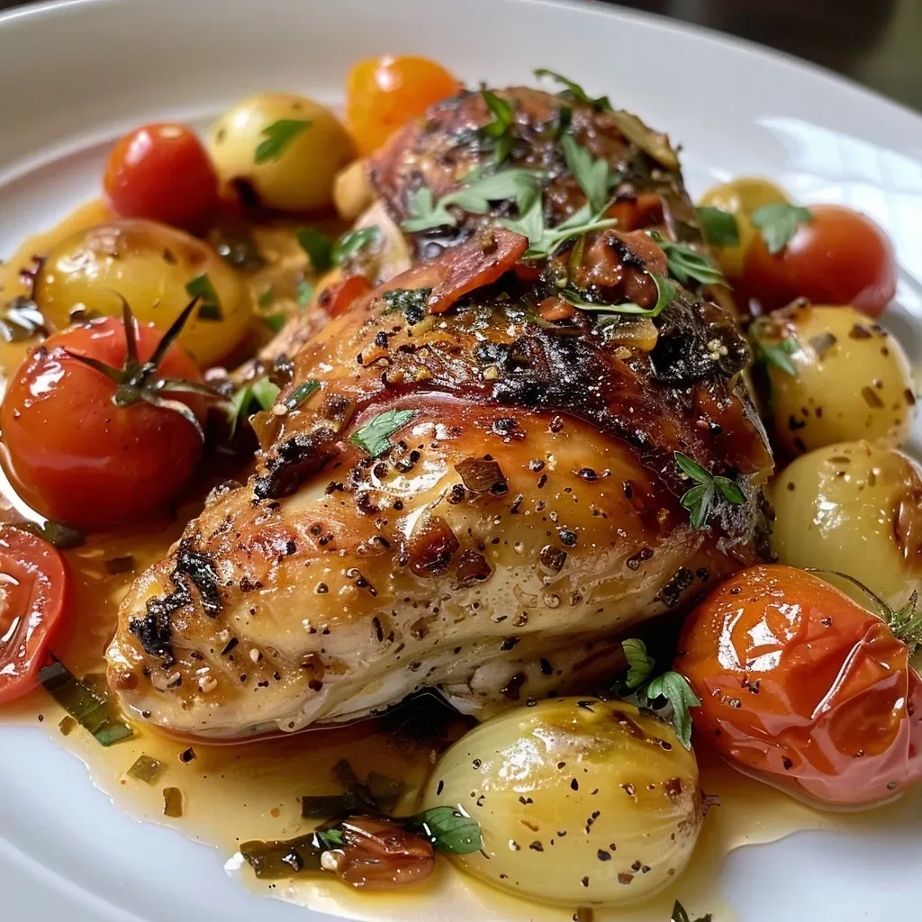 ['Prato de frango cozido com tomates e temperos.', 'Close de frango com molho de tomate e ervas.', 'Peito de frango suculento coberto com tomates.', 'Porção de frango com molho de tomate e especiarias.']