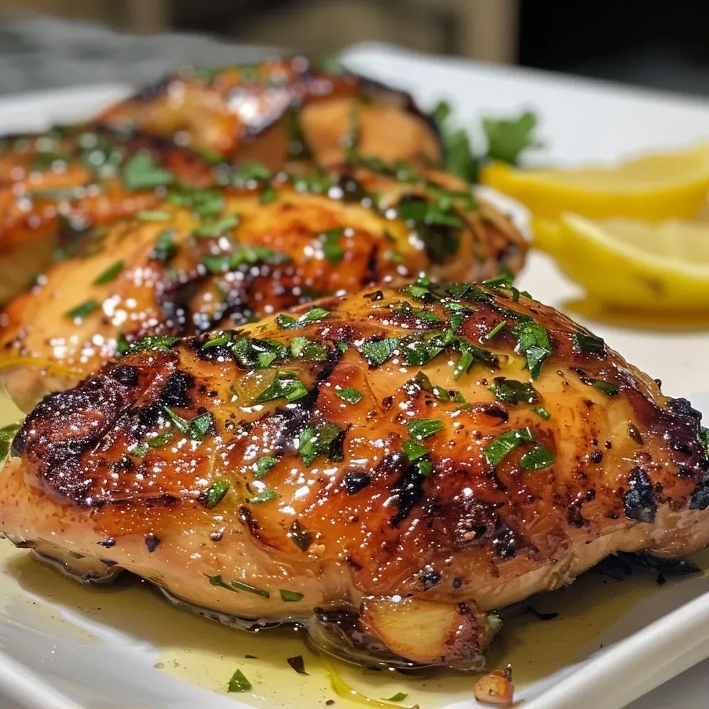 ['Frango grelhado com limão, suculento e dourado.', 'Peito de frango grelhado com fatias de limão ao lado.', 'Prato de frango marinado em limão e ervas.', 'Frango grelhado, com ramos de salsa e limão como guarnição.']