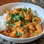 ['Prato de frango tikka masala com molho cremoso e temperos.', 'Frango tikka masala servido com arroz, decorado com coentro.', 'Close-up de frango tikka masala em um prato colorido.', 'Porção de frango tikka masala com molho avermelhado.']