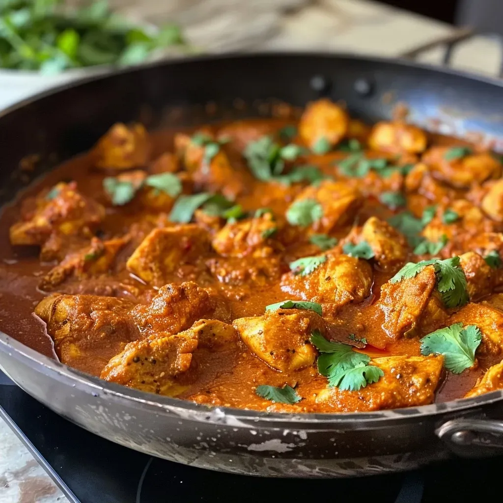 ['Prato de frango tikka masala com molho cremoso e temperos.', 'Frango tikka masala servido com arroz, decorado com coentro.', 'Close-up de frango tikka masala em um prato colorido.', 'Porção de frango tikka masala com molho avermelhado.']