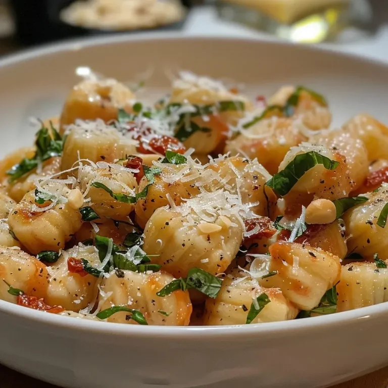 ['Gnocchi mediterrâneo servido em uma frigideira com espinafre e tomates secos.', 'Close-up de gnocchi com molho cremoso, espinafre e queijo parmesão.', 'Prato de gnocchi mediterrâneo com ingredientes frescos em uma frigideira.', 'Frigideira com gnocchi, espinafre e tomates, polvilhado com queijo parmesão.']