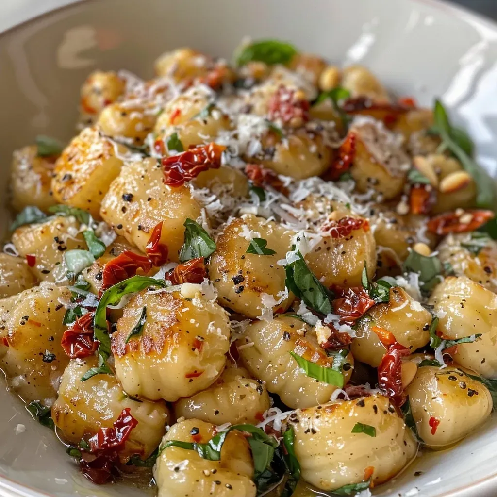 ['Gnocchi mediterrâneo servido em uma frigideira com espinafre e tomates secos.', 'Close-up de gnocchi com molho cremoso, espinafre e queijo parmesão.', 'Prato de gnocchi mediterrâneo com ingredientes frescos em uma frigideira.', 'Frigideira com gnocchi, espinafre e tomates, polvilhado com queijo parmesão.']