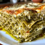['Lasanha al Pesto em close, com camadas de queijo e molho.', 'Prato de lasanha al pesto, mostrando sua textura cremosa e deliciosa.', 'Lasanha al Pesto em destaque, com ingredientes visíveis e apetitosos.', 'Close de uma generosa porção de lasanha al pesto, rica em queijo e pesto.']