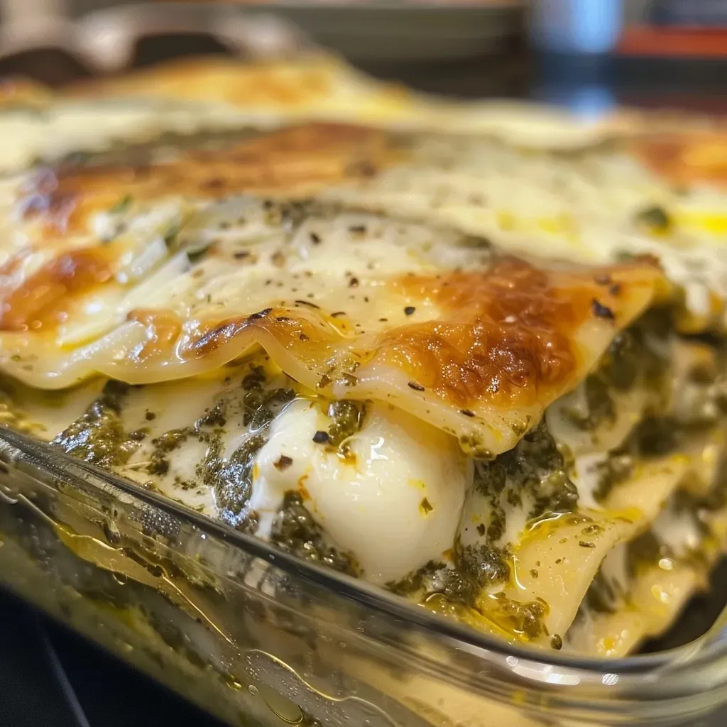 ['Lasanha al Pesto em close, com camadas de queijo e molho.', 'Prato de lasanha al pesto, mostrando sua textura cremosa e deliciosa.', 'Lasanha al Pesto em destaque, com ingredientes visíveis e apetitosos.', 'Close de uma generosa porção de lasanha al pesto, rica em queijo e pesto.']