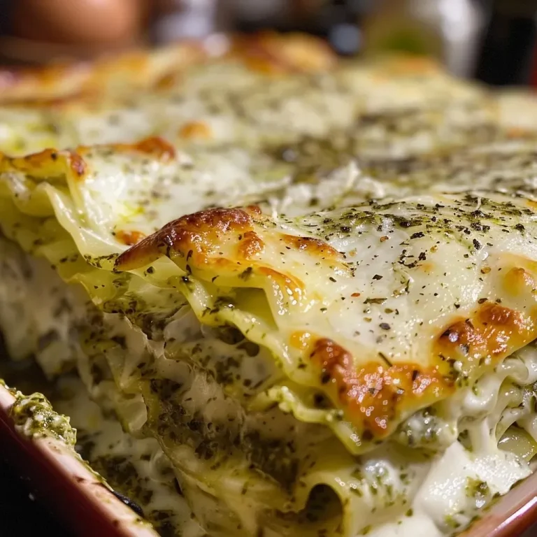 ['Lasanha de pesto com camadas de queijo e molho.', 'Close-up de lasanha de pesto com queijo derretido.', 'Fatia suculenta de lasanha de pesto em perspectiva lateral.', 'Lasanha de pesto com ricota e molho cremoso.']