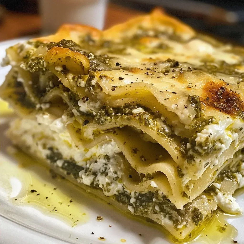 ['Lasanha de pesto com camadas de queijo e molho.', 'Close-up de lasanha de pesto com queijo derretido.', 'Fatia suculenta de lasanha de pesto em perspectiva lateral.', 'Lasanha de pesto com ricota e molho cremoso.']