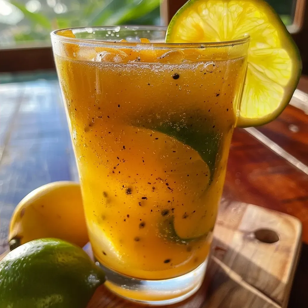 ['Limonada de maracujá em um copo com gelo.', 'Close-up de limonada refrescante com maracujá.', 'Bebida de limonada de maracujá servida em copo.', 'Limonada de maracujá decorada com fatias de limão.']