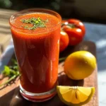 ['Limonada de tomate refrescante em um copo com frutas ao fundo.', 'Close-up de uma limonada de tomate com gelo e fatias de limão.', 'Copo de limonada de tomate apresentada com decoração fresca.', 'Bebida refrescante de tomate em um ambiente de verão.']