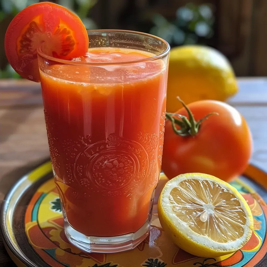 ['Limonada de tomate refrescante em um copo com frutas ao fundo.', 'Close-up de uma limonada de tomate com gelo e fatias de limão.', 'Copo de limonada de tomate apresentada com decoração fresca.', 'Bebida refrescante de tomate em um ambiente de verão.']
