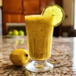 ['Limonada Indiana em um copo com folhas de manjericão ao redor.', 'Close de uma limonada refrescante com limão e manjericão.', 'Copo de Limonada Indiana com gelo e fatias de limão.', 'Limonada Indiana com abacate, limão e manjericão.']