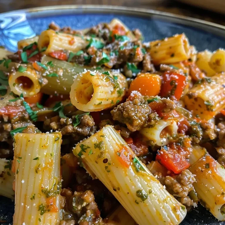 ['Close-up de macarrão com carne moída e pesto, servido em prato.', 'Prato de pasta com carne moída, pesto e vegetais frescos.', 'Porção de macarrão com carne e molho pesto em foco.', 'Detalhe de prato de macarrão com carne e pesto, decorado com queijo.']