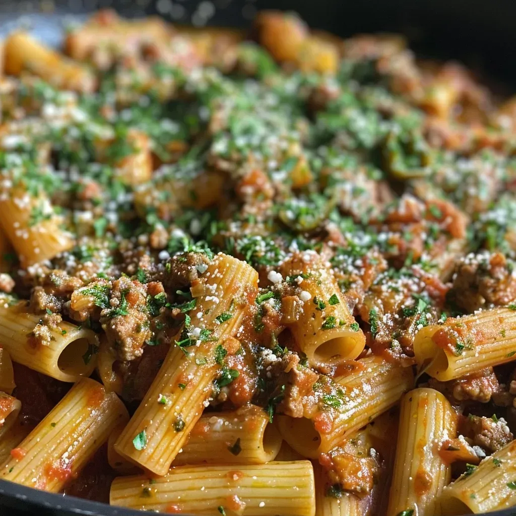 ['Close-up de macarrão com carne moída e pesto, servido em prato.', 'Prato de pasta com carne moída, pesto e vegetais frescos.', 'Porção de macarrão com carne e molho pesto em foco.', 'Detalhe de prato de macarrão com carne e pesto, decorado com queijo.']