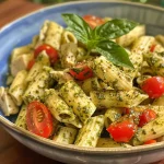 ['Prato de macarrão com frango, pesto e tomates-cereja assados.', 'Close-up de macarrão com frango, coberto com molho pesto e queijo.', 'Porção de rigatoni com pedaços de frango, pesto verde e tomates.', 'Macarrão com frango, pesto e tomates-cereja, decorado com queijo ralado.']