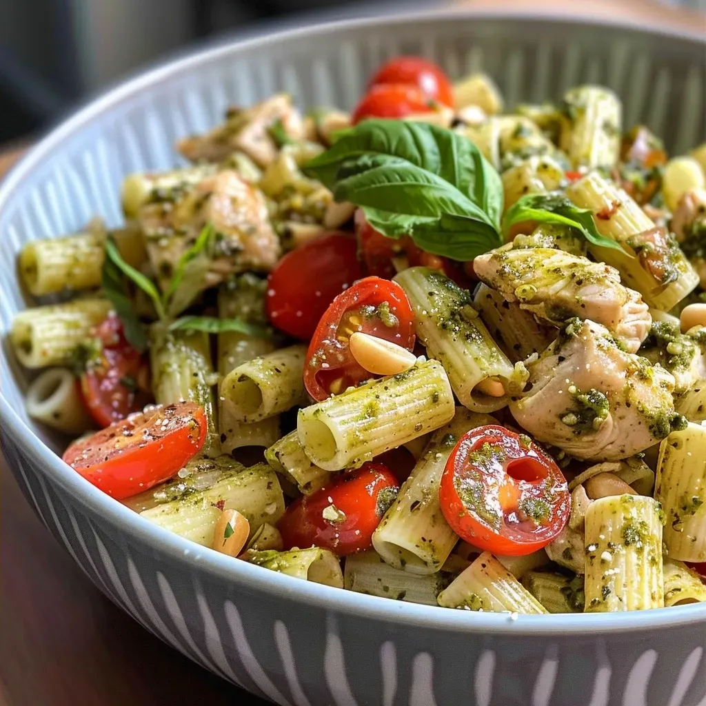 ['Prato de macarrão com frango, pesto e tomates-cereja assados.', 'Close-up de macarrão com frango, coberto com molho pesto e queijo.', 'Porção de rigatoni com pedaços de frango, pesto verde e tomates.', 'Macarrão com frango, pesto e tomates-cereja, decorado com queijo ralado.']