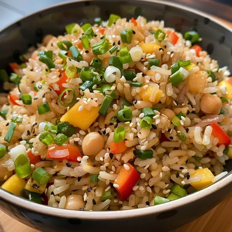 ['Prato de manga com arroz, decorado com cebolinhas.', 'Close de um prato colorido de manga e arroz.', 'Porção de arroz com manga, pimentão e grão-de-bico.', 'Arroz de jasmin servido com cubos de manga e cebolinhas.']
