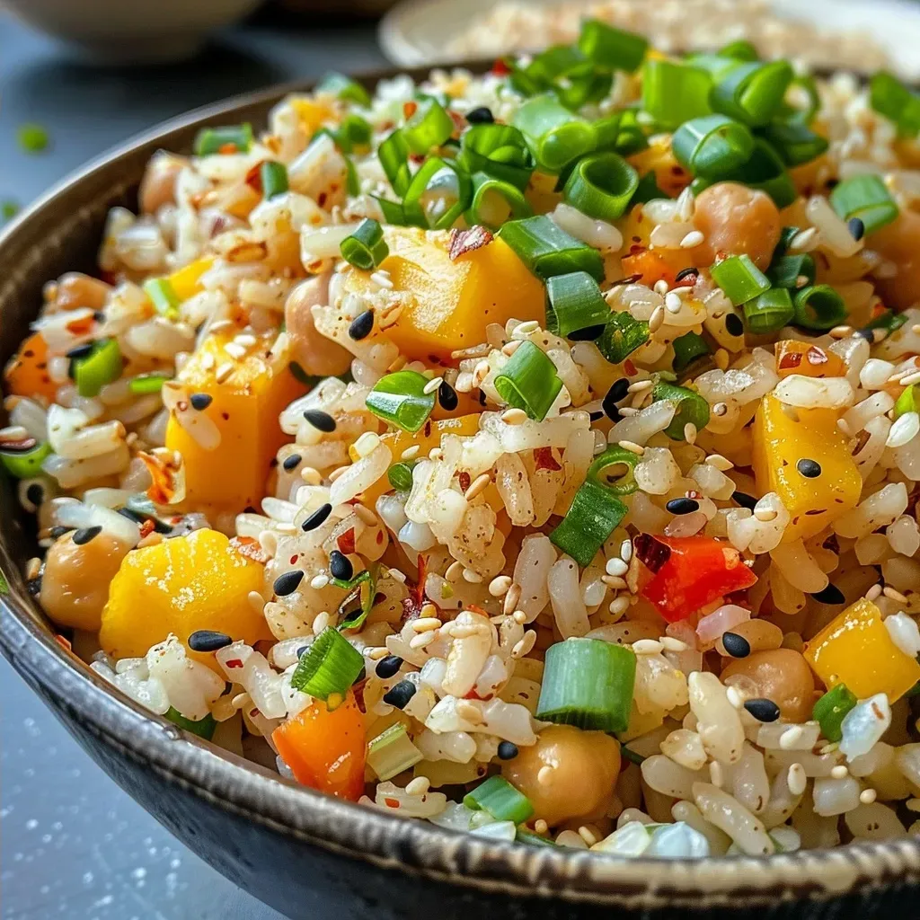 ['Prato de manga com arroz, decorado com cebolinhas.', 'Close de um prato colorido de manga e arroz.', 'Porção de arroz com manga, pimentão e grão-de-bico.', 'Arroz de jasmin servido com cubos de manga e cebolinhas.']