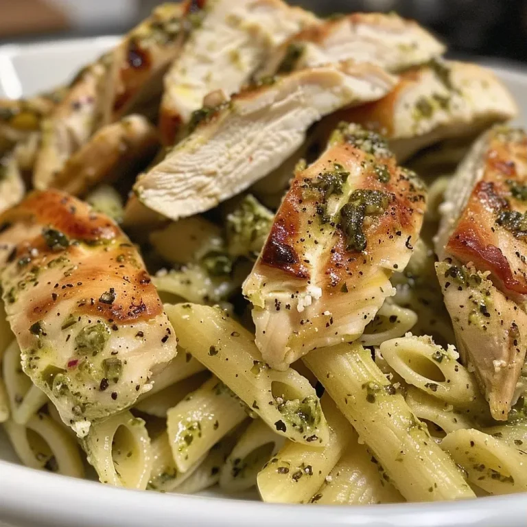 ['Prato de massa com frango e pesto cremoso em close.', 'Porção de massa de frango com pesto cremoso e alto teor de proteína.', 'Frango fatiado com massa em molho pesto cremoso.', 'Detalhe de massa com frango e pesto, servido em prato branco.']